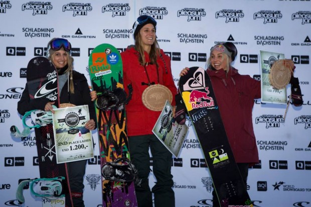 Anna Gasser, Isabel Derungs and Aimee Fuller take to the Pleasure Jam podium. Photo: Roland Haschka