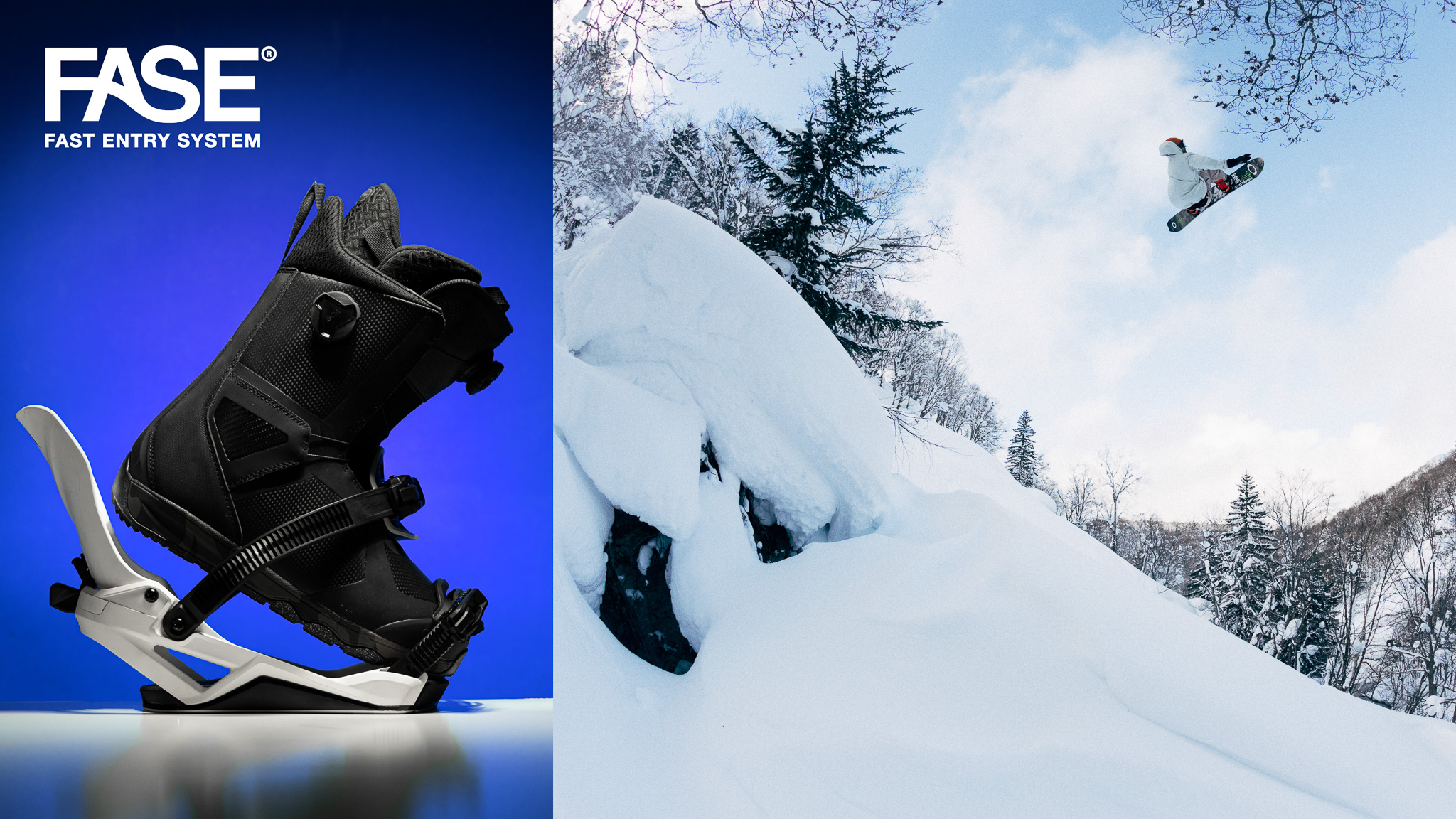 FASE editorial cover image, showing a binding with a boot in it on the left. And a snowboarder dropping a cliff on the right.
